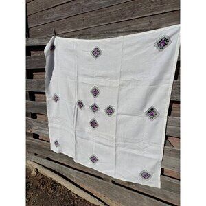 Vintage 50's Linen Card Table Tablecloth White Cut Out Crochet Blocks 50x49"